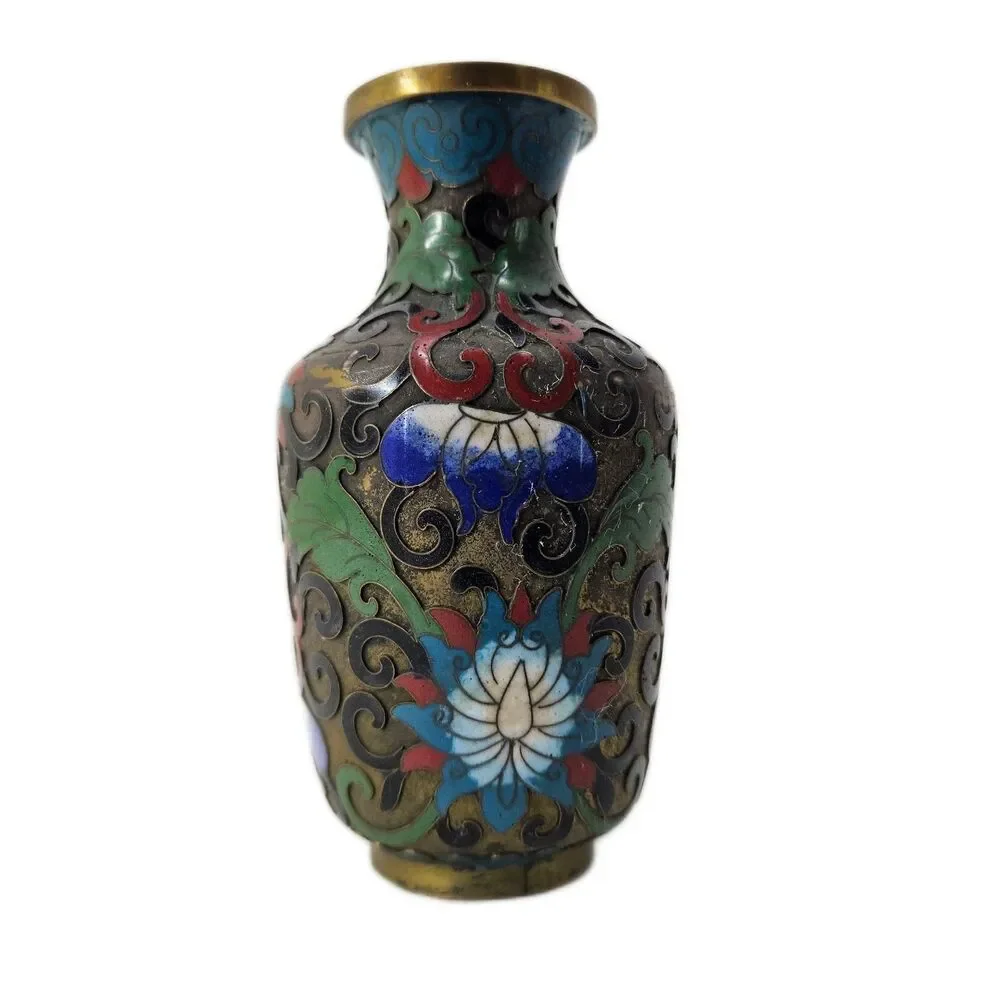Vintage Chinese Cloisonné Miniature Vase Floral Enamel Bronze Art Small